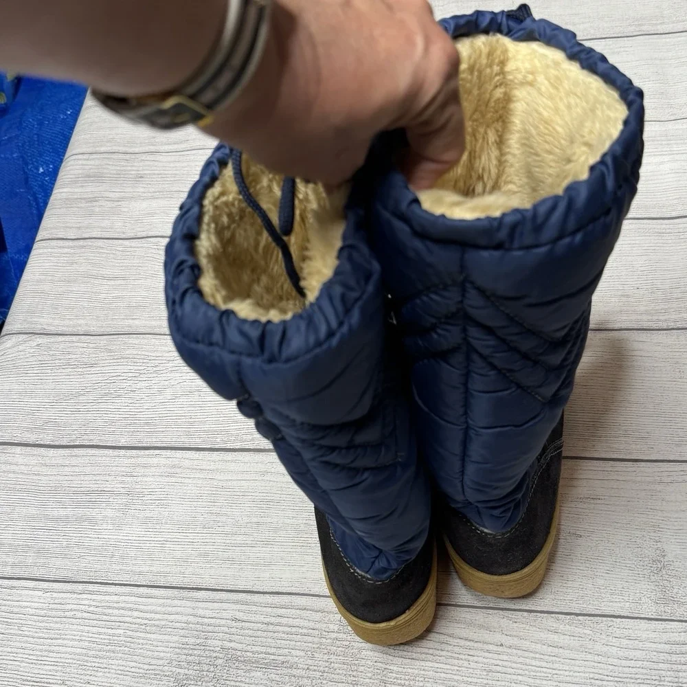 Meribell Black‎ Suede Blue Nylon Wedge Gum Sole Snow Boots Italy Size 40